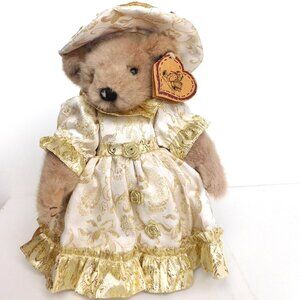 Heartfelt Collectibles 1997 Brown Teddy Bear Brocade Gold Dress Hat  10" tall